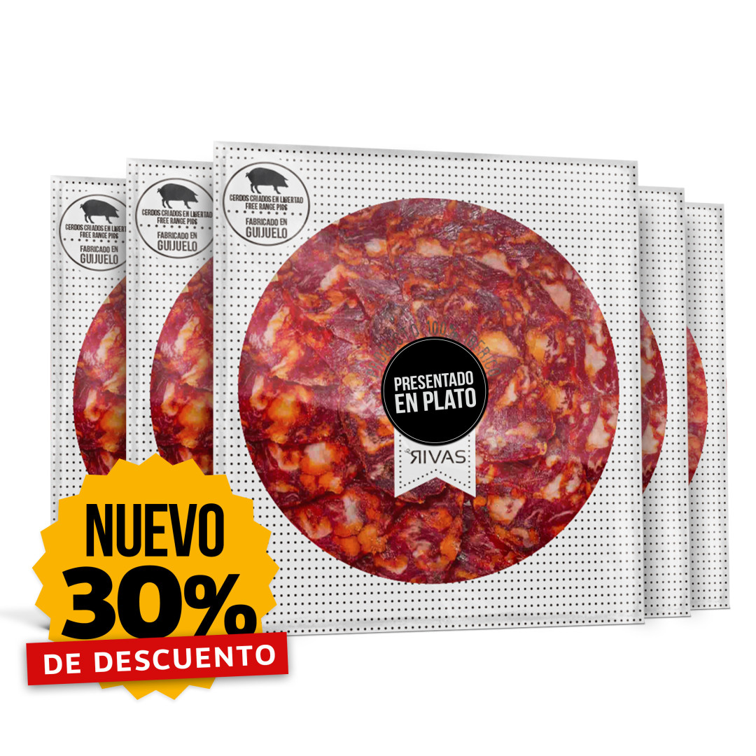5 UNIDADES DE CHORIZO RIVAS DE BELLOTA 100% NATURAL PRESENTADO EN PLATO