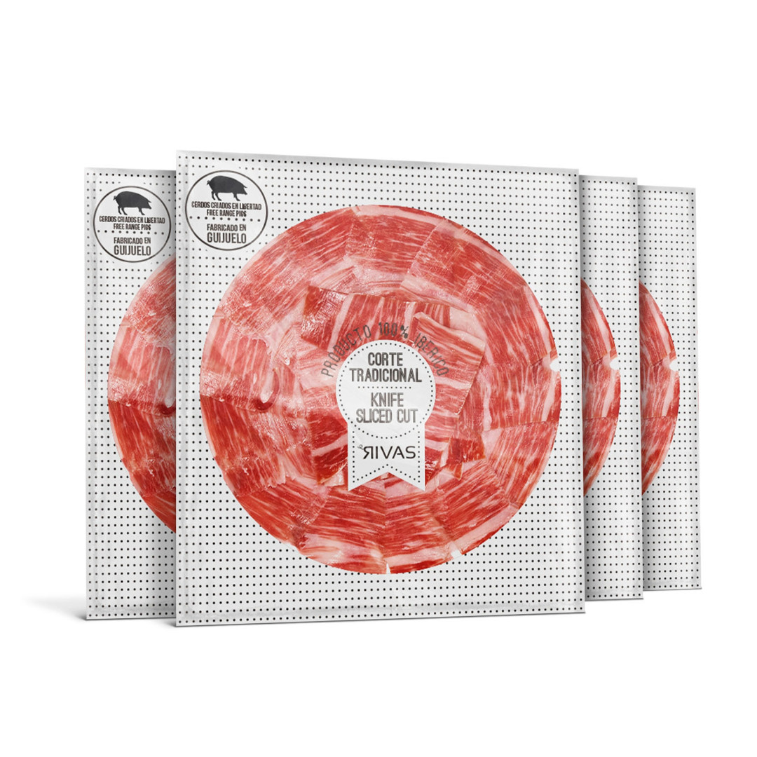 1/2 Kg. JAMÓN RIVAS IBÉRICO ETIQUETA ORO PREMIUM CORTADO A CUCHILLO EN 5 SOBRES