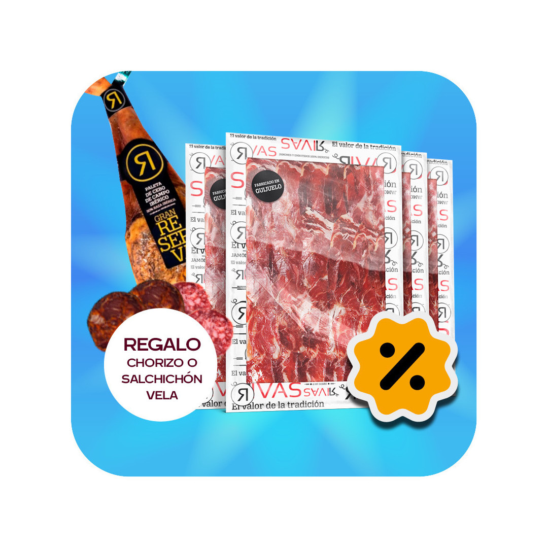 PALETA RIVAS CEBO DE CAMPO 50/75% RAZA IBÉRICA 100% NATURAL (LONCHEADA) + 1 CHORIZO O SALCHICHÓN VELA DE REGALO
