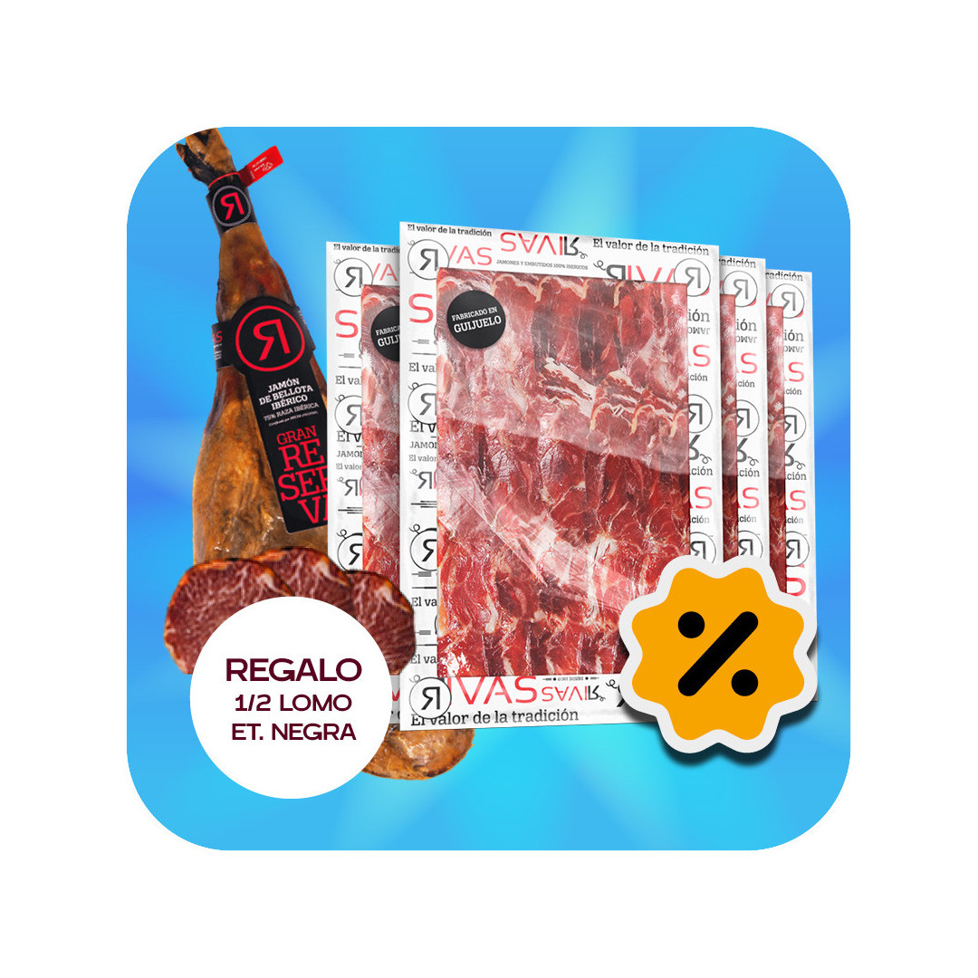 JAMÓN RIVAS DE BELLOTA 50% RAZA IBÉRICA 100% NATURAL - 5 AÑOS DE CURACIÓN (LONCHEADO) + 1/2 LOMO ET. NEGRA DE REGALO