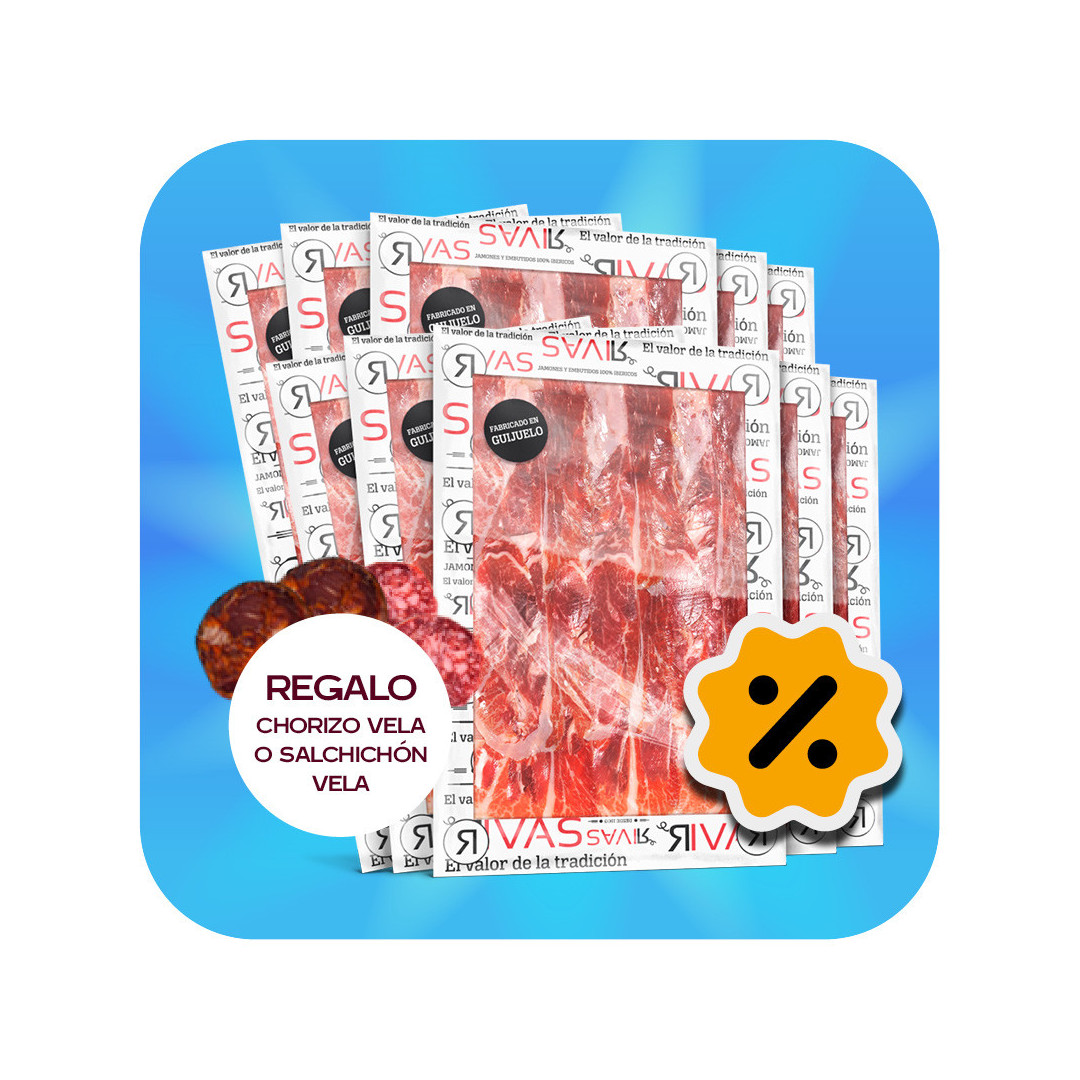 PALETAS DE BELLOTA IBÉRICAS 100% RAZA IBÉRICA - PACK DE 2 - (LONCHEADAS) + CHORIZO O SALCHICHÓN DE VELA IBÉRICOS DE REGALO