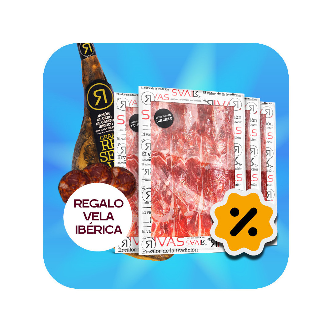 JAMÓN RIVAS CEBO DE CAMPO 50% RAZA IBÉRICA - 2 AÑOS DE CURACIÓN (LONCHEADO) + 1 VELA DE REGALO