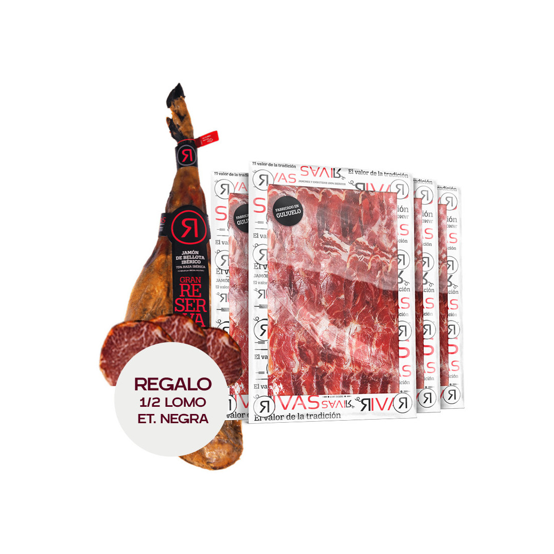 JAMÓN RIVAS DE BELLOTA 50% RAZA IBÉRICA 100% NATURAL - 5 AÑOS DE CURACIÓN (LONCHEADO) + 1/2 LOMO ET. NEGRA DE REGALO