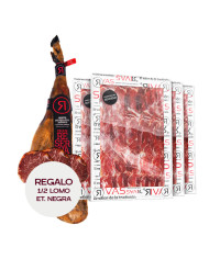 JAMÓN RIVAS DE BELLOTA 50% RAZA IBÉRICA 100% NATURAL - 5 AÑOS DE CURACIÓN (LONCHEADO) + 1/2 LOMO ET. NEGRA DE REGALO