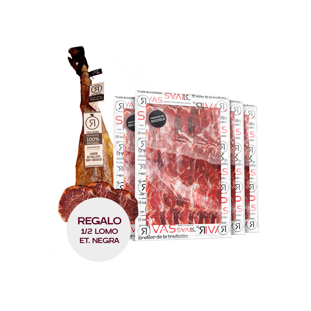 JAMÓN RIVAS DE BELLOTA 100% IBÉRICO PATA NEGRA - 5 AÑOS DE CURACIÓN (LONCHEADO) + 1/2 LOMO ET. NEGRA DE REGALO