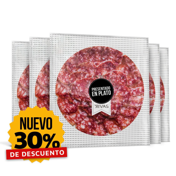 5 UNIDADES DE SALCHICHÓN RIVAS DE BELLOTA 100% NATURAL PRESENTADO EN PLATO