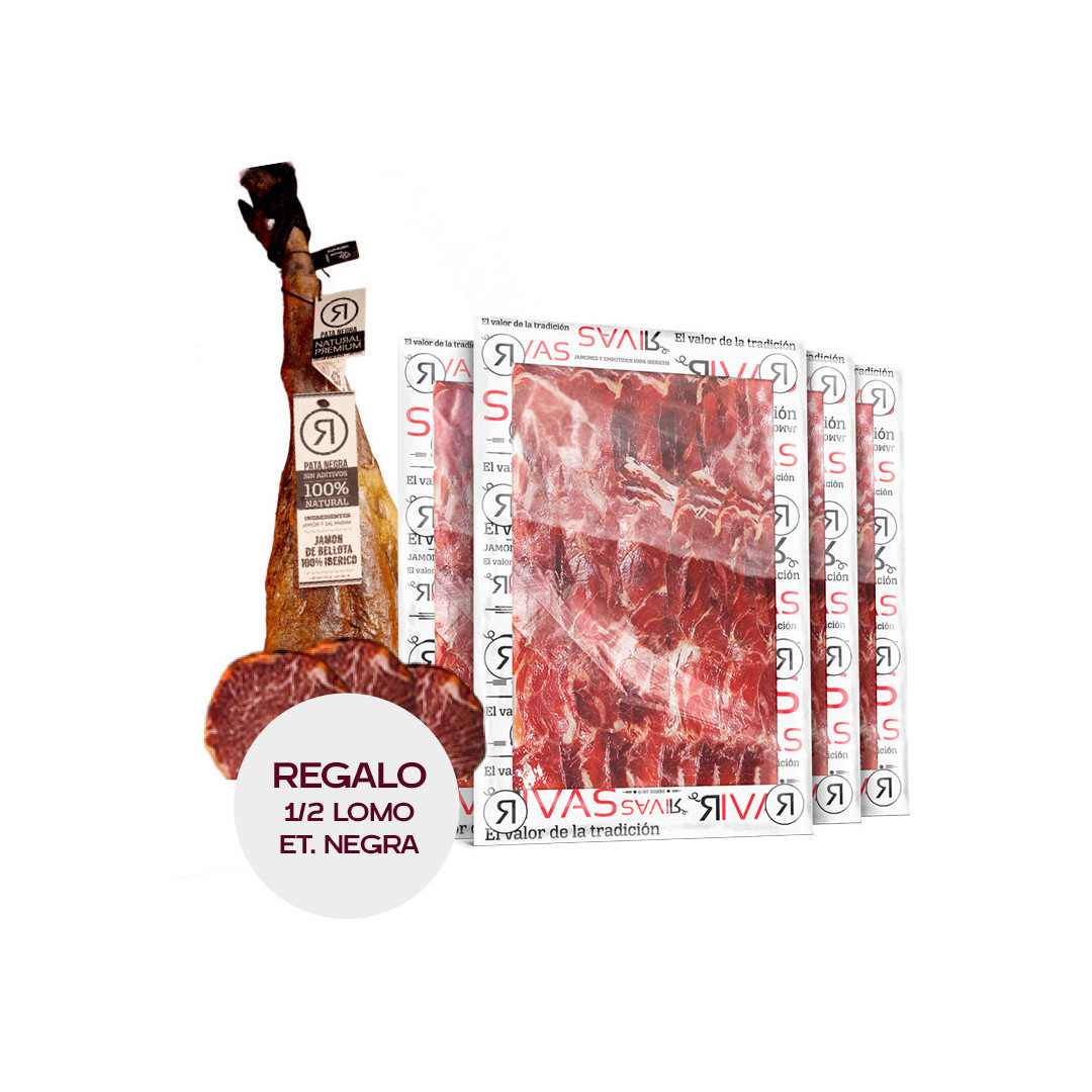 JAMÓN RIVAS DE BELLOTA 100% IBÉRICO PATA NEGRA - 5 AÑOS DE CURACIÓN (LONCHEADO) + 1/2 LOMO ET. NEGRA DE REGALO