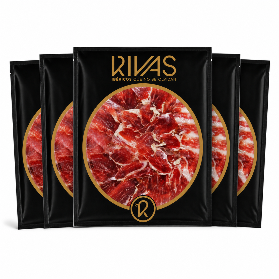 1/2 Kg. JAMÓN IBÉRICO 100% NATURAL ETIQUETA NEGRA CORTADO A CUCHILLO EN 5 SOBRES