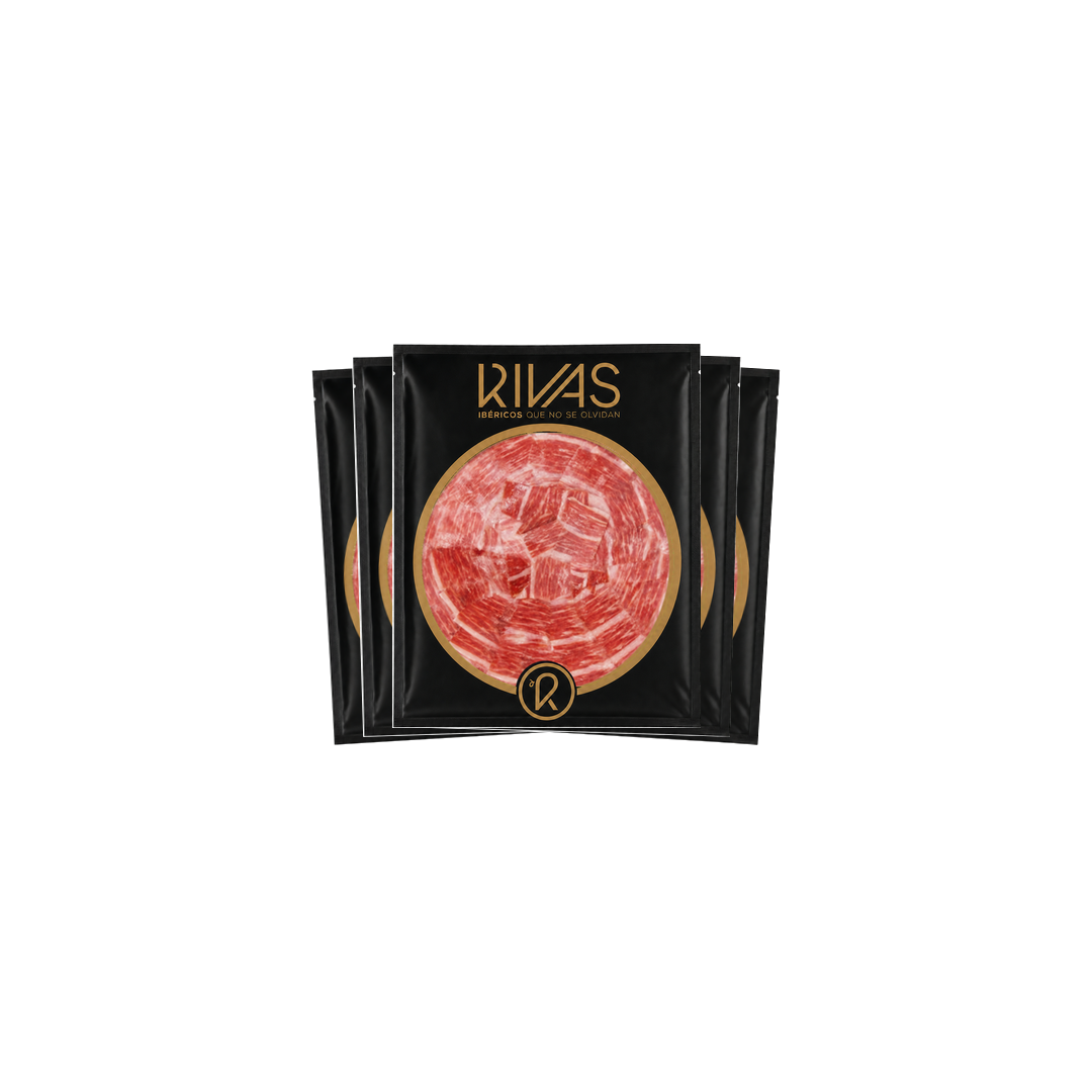 1/2 Kg. JAMÓN RIVAS IBÉRICO ETIQUETA ORO PREMIUM CORTADO A CUCHILLO EN 5 SOBRES
