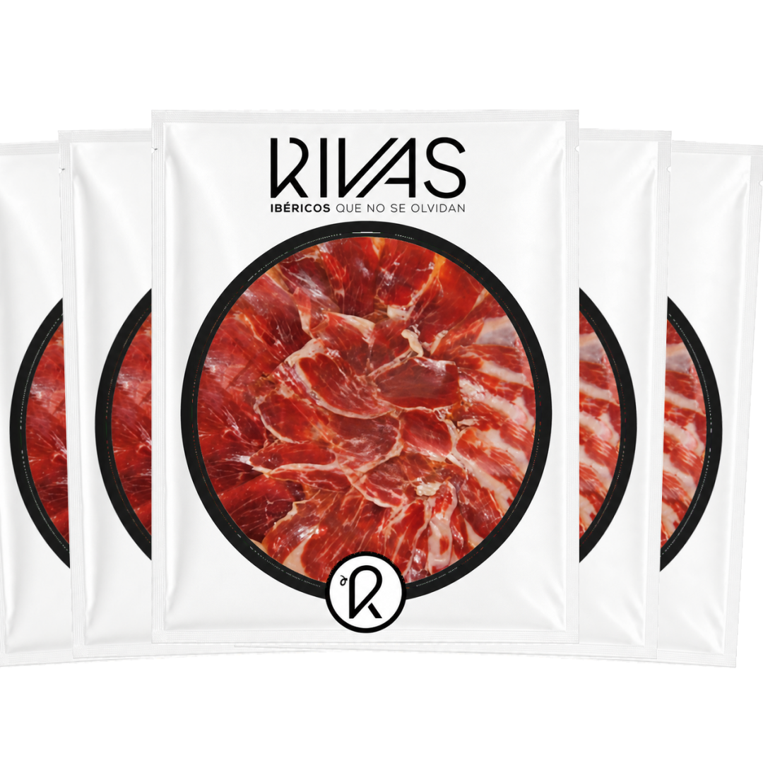 5 UNIDADES DE PALETA RIVAS CEBO CAMPO IBÉRICA 100% NATURAL PRESENTADA EN PLATO