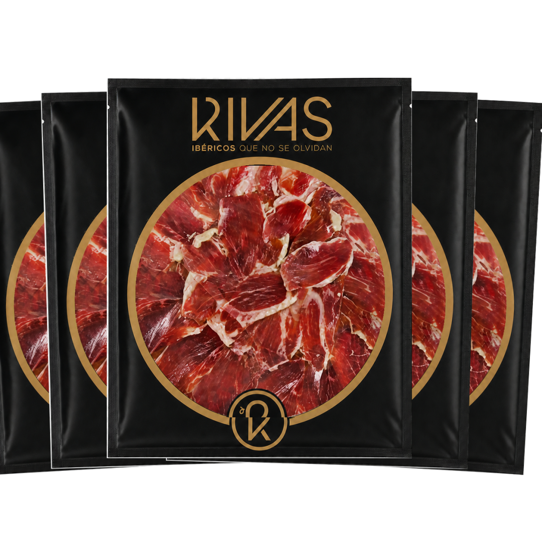 5 UNIDADES DE PALETA RIVAS IBÉRICA BELLOTA 50% RAZA IBÉRICA PRESENTADA EN PLATO