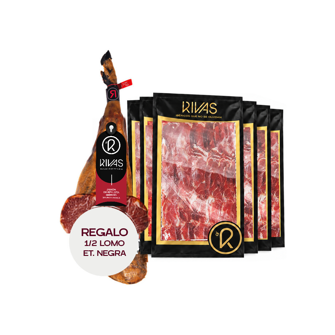 JAMÓN RIVAS DE BELLOTA 50% RAZA IBÉRICA 100% NATURAL - 5 AÑOS DE CURACIÓN (LONCHEADO) + 1/2 LOMO ET. NEGRA DE REGALO