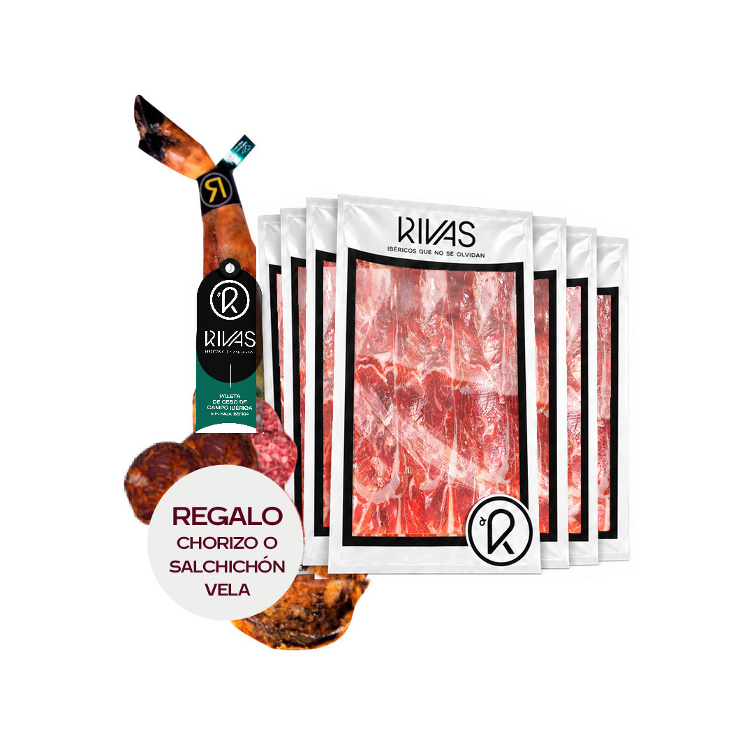 PALETA RIVAS CEBO DE CAMPO 50/75% RAZA IBÉRICA 100% NATURAL (LONCHEADA) + 1 CHORIZO O SALCHICHÓN VELA DE REGALO