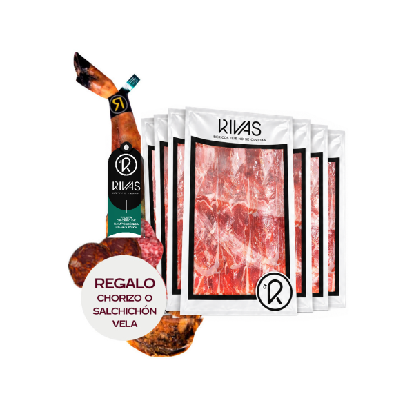 PALETA RIVAS CEBO DE CAMPO 50/75% RAZA IBÉRICA 100% NATURAL (LONCHEADA) + 1 CHORIZO O SALCHICHÓN VELA DE REGALO