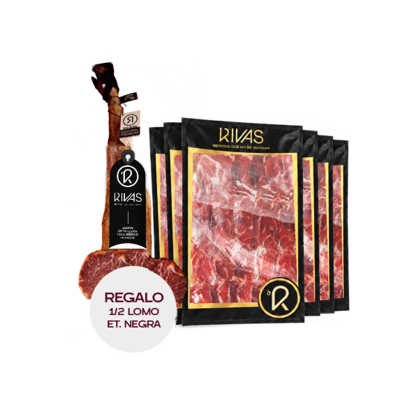 JAMÓN RIVAS DE BELLOTA 100% IBÉRICO PATA NEGRA - 5 AÑOS DE CURACIÓN (LONCHEADO) + 1/2 LOMO ET. NEGRA DE REGALO